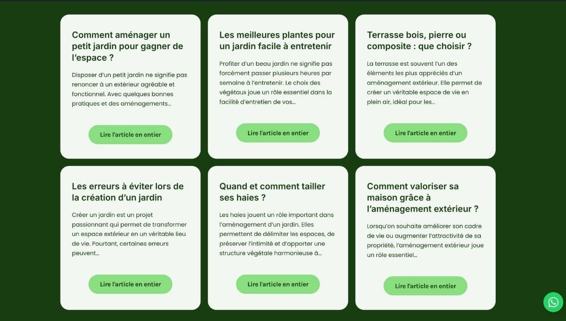 Section blog d’un site de paysagiste présentant plusieurs articles conseils sur l’aménagement extérieur, l’entretien du jardin, les haies et les terrasses.