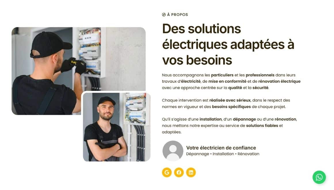Électricien intervenant sur un tableau électrique avec présentation de ses services d’installation, dépannage et rénovation électrique.