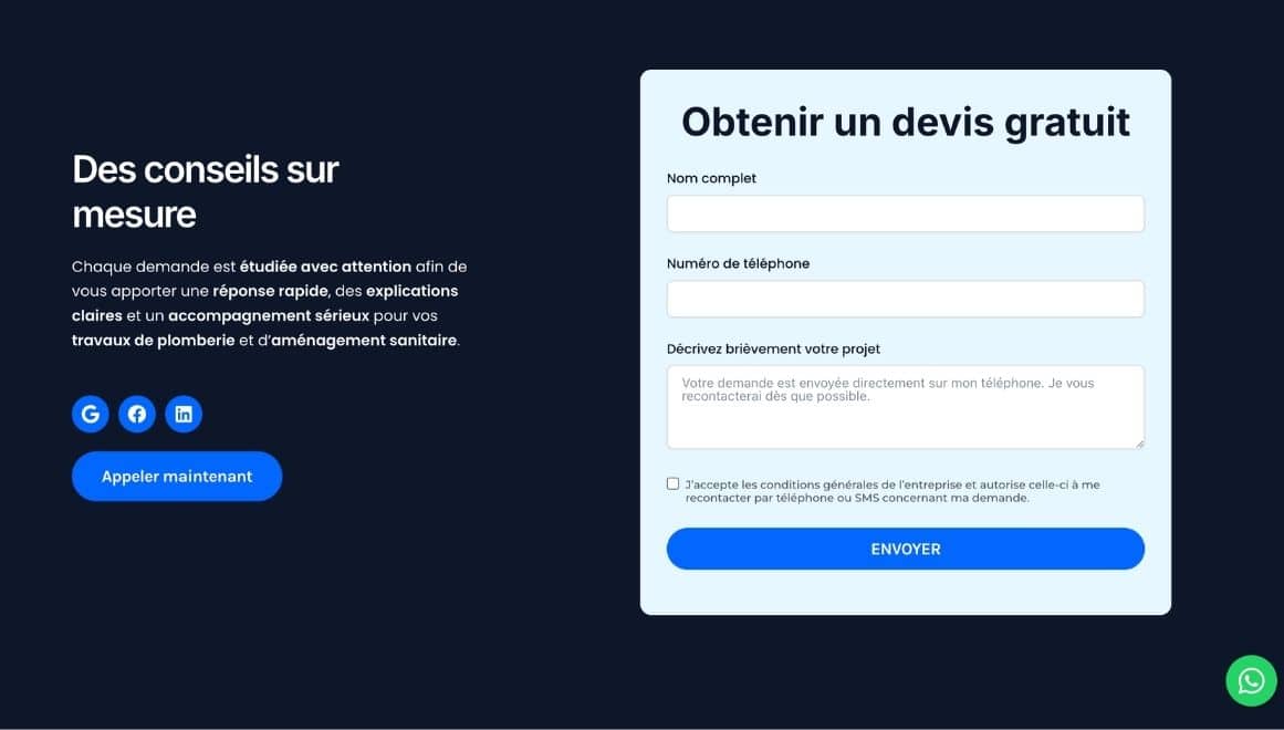 Section de contact d’un site internet de plombier avec formulaire de demande de devis gratuit, bouton d’appel et présentation des services.