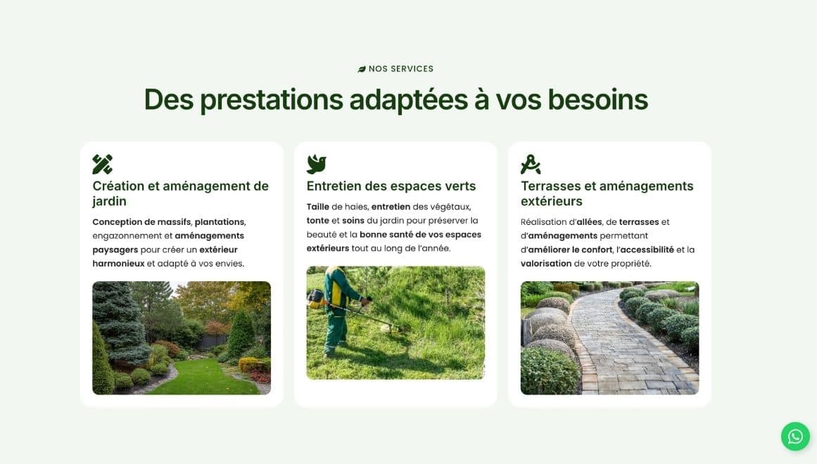 Présentation des services d’un paysagiste incluant la création de jardin, l’entretien des espaces verts et les aménagements extérieurs.