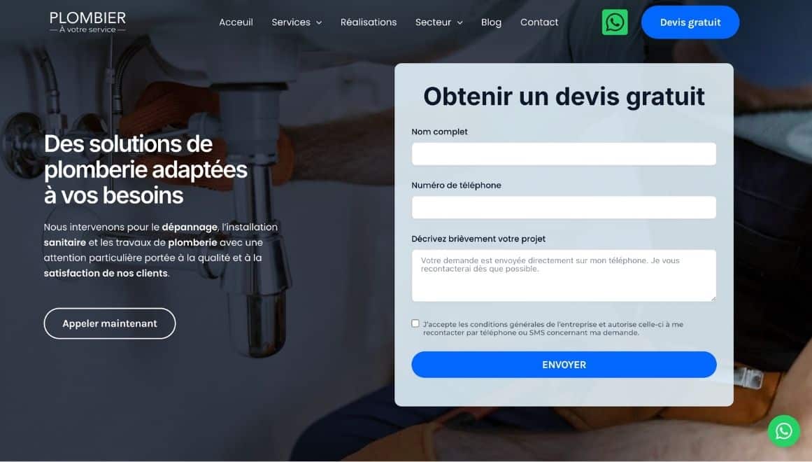 Page d’accueil d’un site vitrine de plombier présentant les services de plomberie et un formulaire de demande de devis gratuit avec bouton d’appel à l’action.