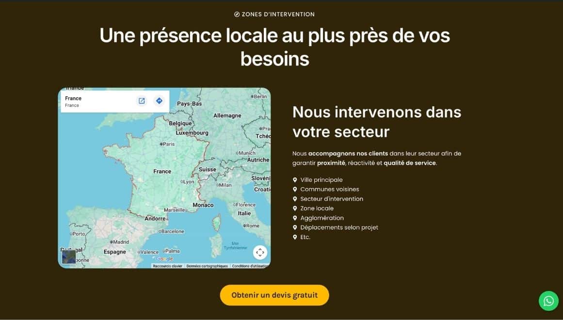Carte de la zone d’intervention d’un artisan accompagnée d’une présentation des communes et secteurs desservis par l’entreprise.